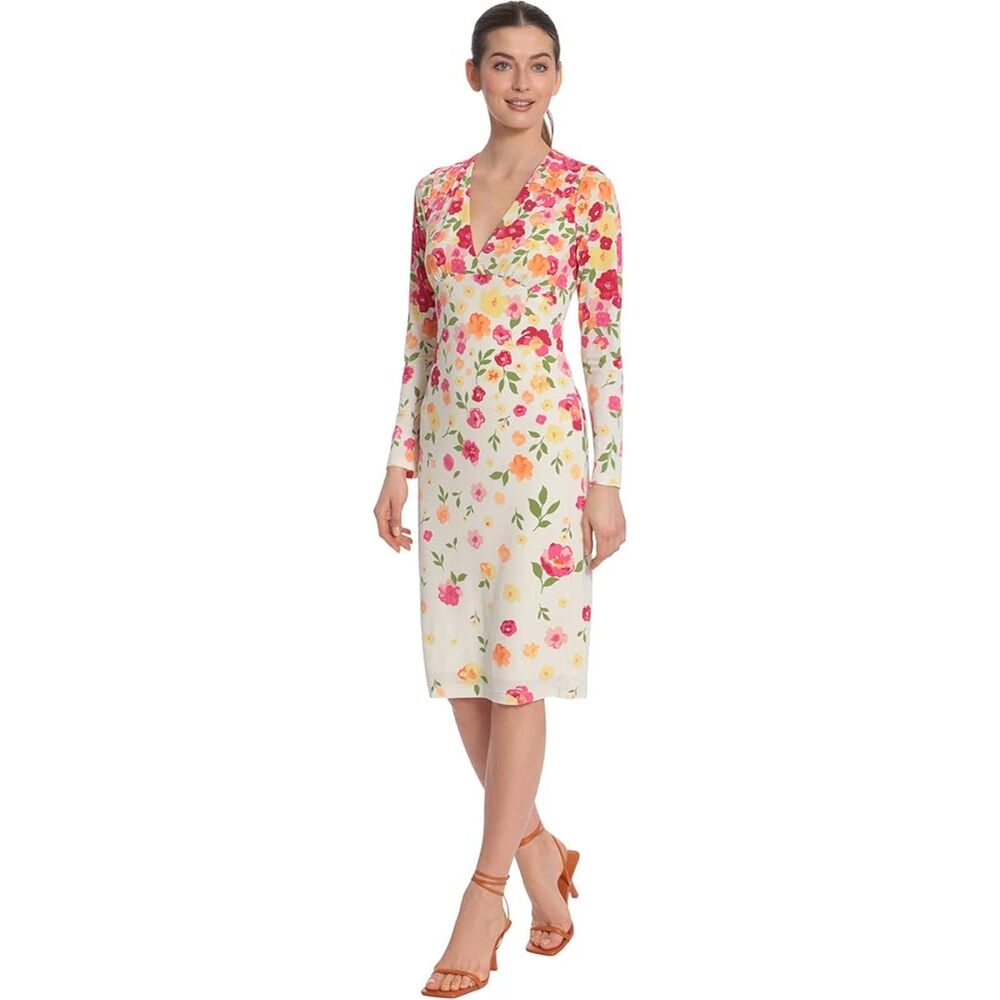 Maggy London Floral Wrapped Midi Dress Women 12 Multi V-Neck Long Sleeve Stretch